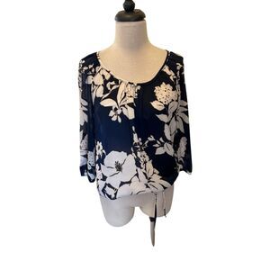 White House Black Market Women's Floral 3/4 Sleeve Blouse Top Navy XXS